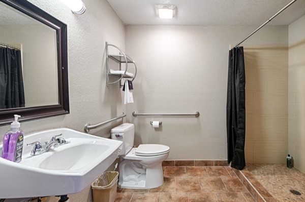 ADA accessible bathroom with grab bars and roll-in shower