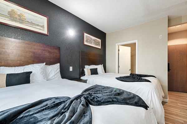Two double beds with dark feature wall and framed art