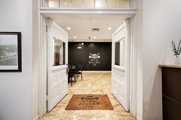 View through to the front desk and logo rug